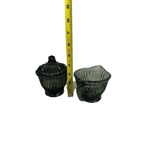 VTG Libbey Glass Creamer & Sugar Bowl Set Smoke Grey Starburst Pattern MCM - Picture 2 of 10